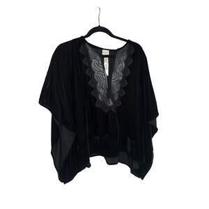 Chico’s Goth‎ Witchy Black Velvet Poncho Top Faux Leather Embroidered Neck S/M